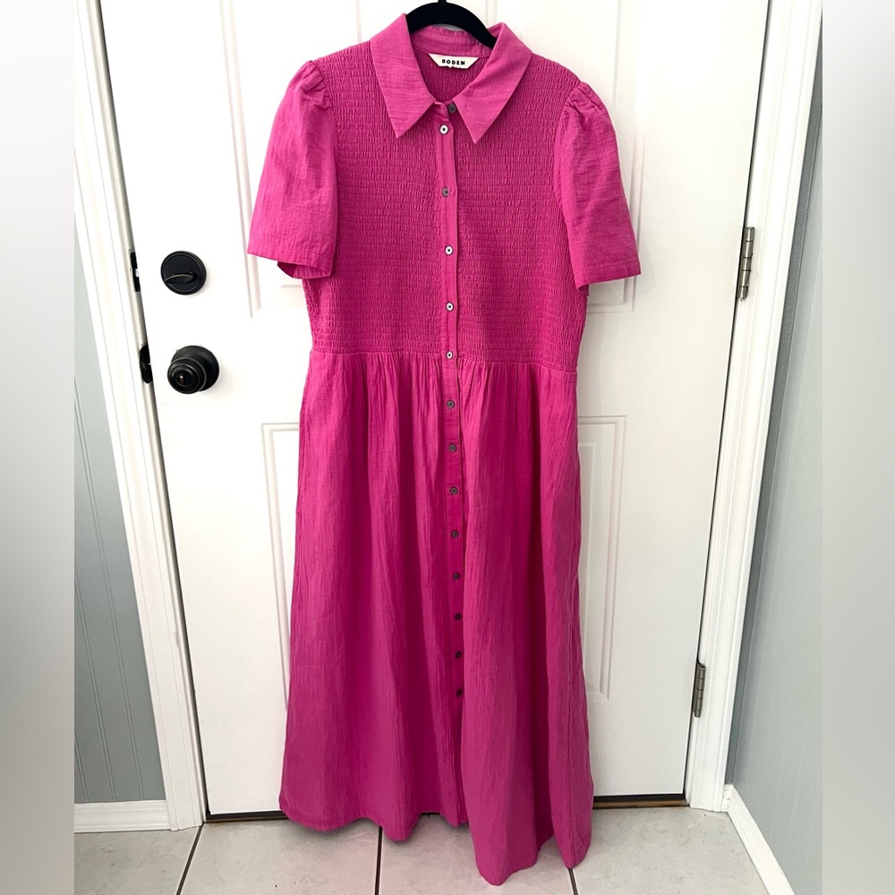 Boden Cotton Smocked Pink Midi Dress 12